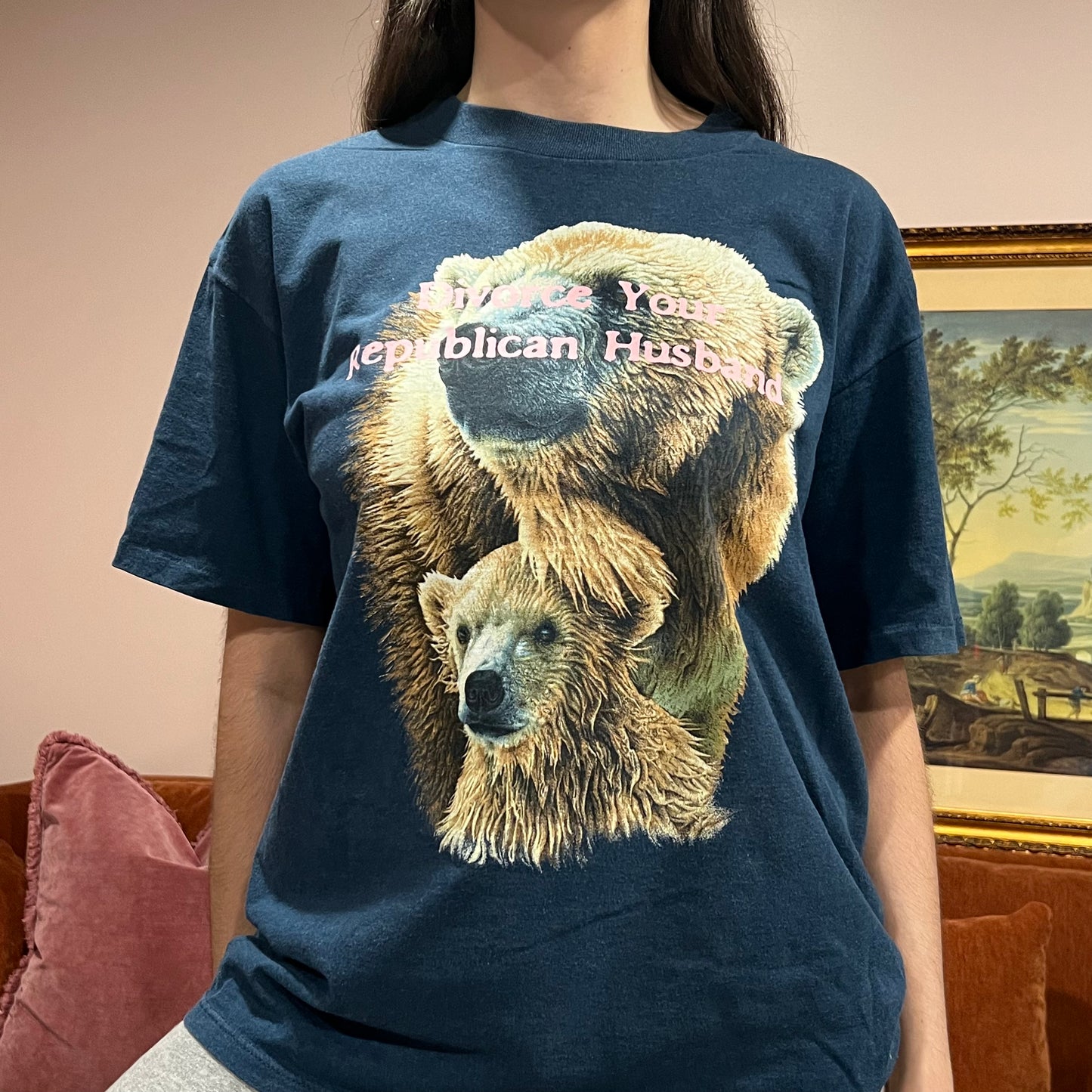 DIVORCE YOUR REPUBLICAN HUSBAND bear t-shirt with pink text (L/XL)