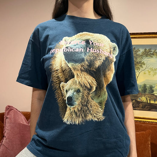 DIVORCE YOUR REPUBLICAN HUSBAND bear t-shirt with pink text (L/XL)