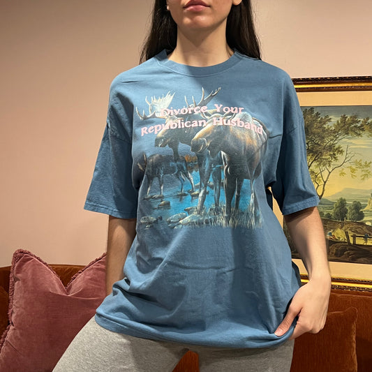 DIVORCE YOUR REPUBLICAN HUSBAND moose t-shirt with pink text (XL)