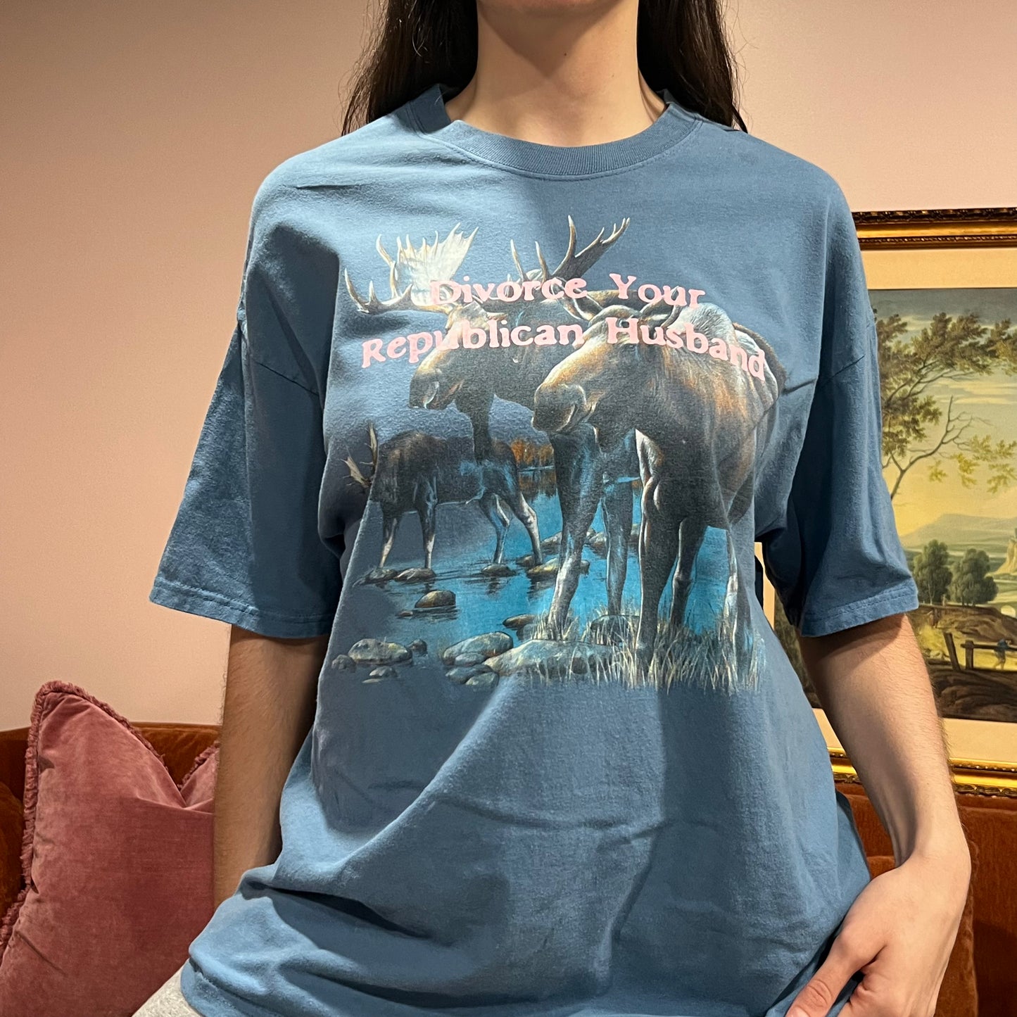 DIVORCE YOUR REPUBLICAN HUSBAND moose t-shirt with pink text (XL)