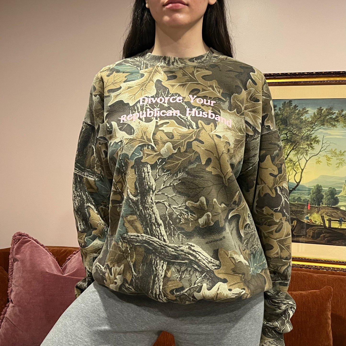 DIVORCE YOUR REPUBLICAN HUSBAND camo crewneck with pink text (XL)