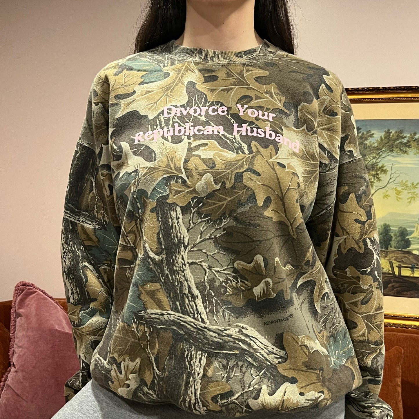 DIVORCE YOUR REPUBLICAN HUSBAND camo crewneck with pink text (XL)
