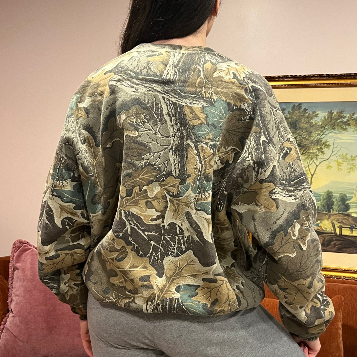 DIVORCE YOUR REPUBLICAN HUSBAND camo crewneck with pink text (XL)