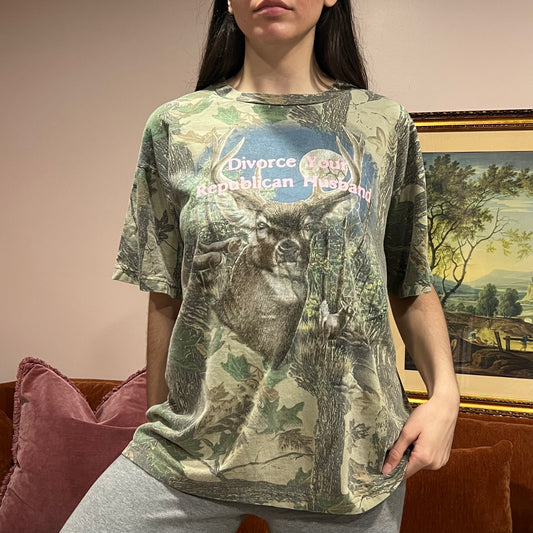 DIVORCE YOUR REPUBLICAN HUSBAND deer t-shirt with pink text (XL)