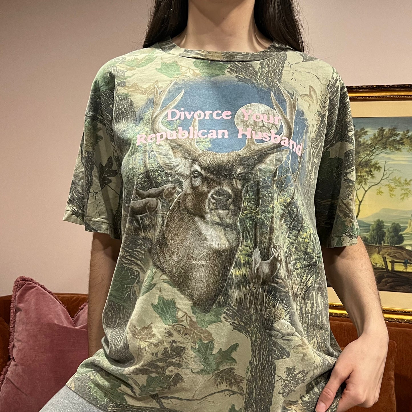DIVORCE YOUR REPUBLICAN HUSBAND deer t-shirt with pink text (XL)