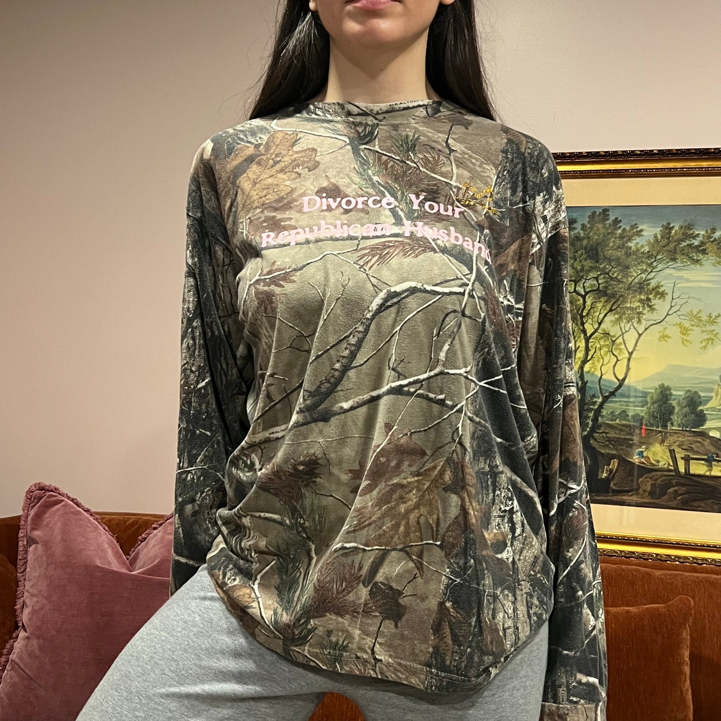 DIVORCE YOUR REPUBLICAN HUSBAND camo long sleeve t-shirt with pink text (L)
