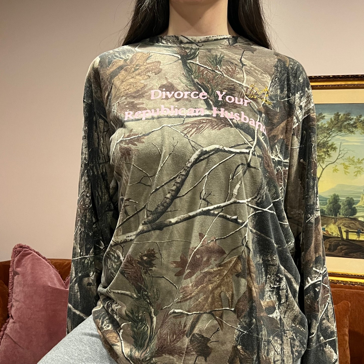 DIVORCE YOUR REPUBLICAN HUSBAND camo long sleeve t-shirt with pink text (L)