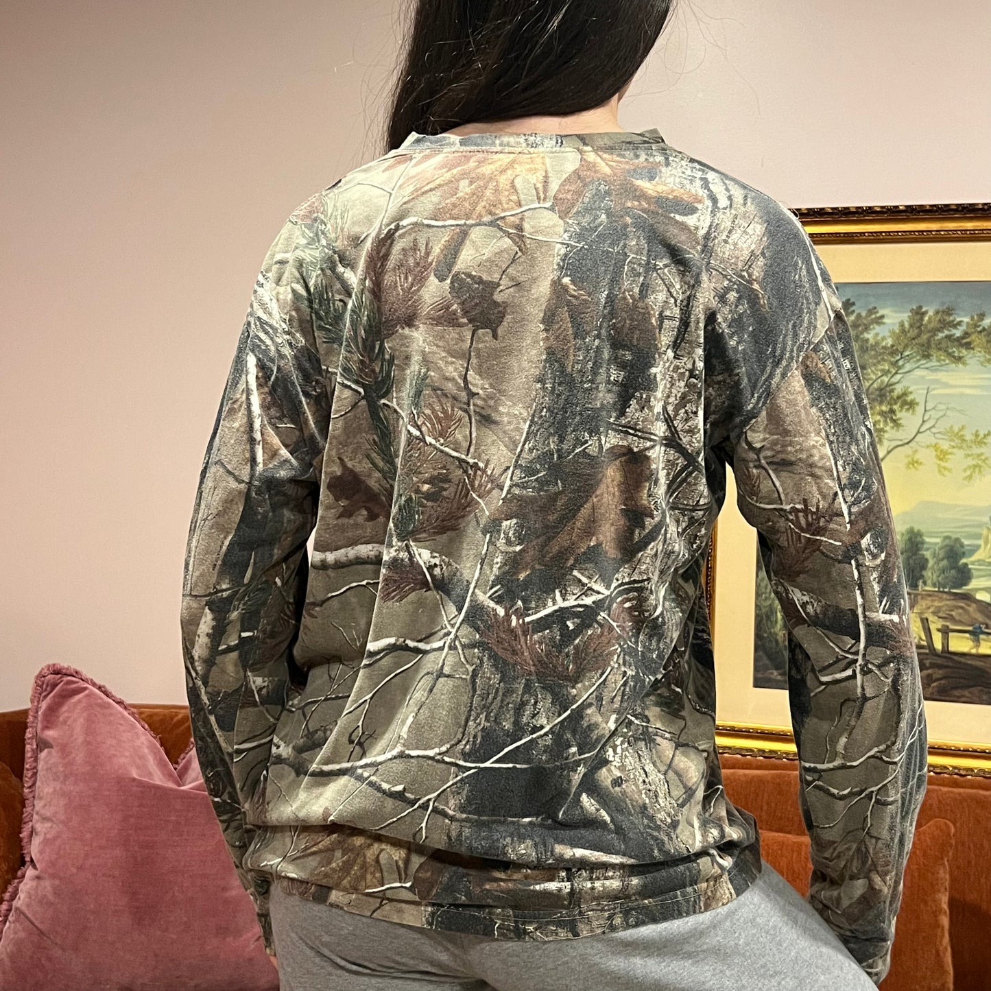DIVORCE YOUR REPUBLICAN HUSBAND camo long sleeve t-shirt with pink text (L)