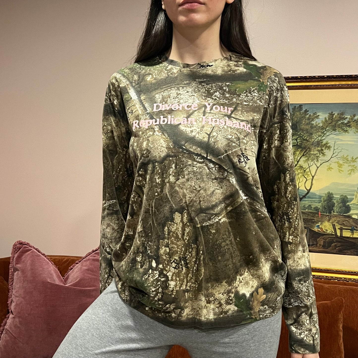 DIVORCE YOUR REPUBLICAN HUSBAND camo long sleeve t-shirt with pink text (M)