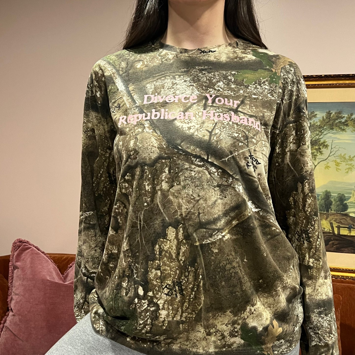 DIVORCE YOUR REPUBLICAN HUSBAND camo long sleeve t-shirt with pink text (M)