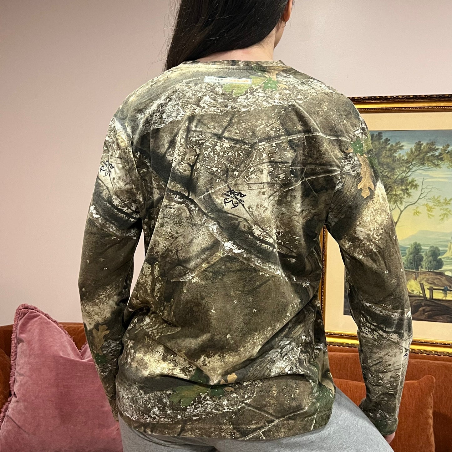 DIVORCE YOUR REPUBLICAN HUSBAND camo long sleeve t-shirt with pink text (M)