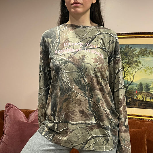 DIVORCE YOUR REPUBLICAN HUSBAND camo long sleeve t-shirt with pink text (XL)