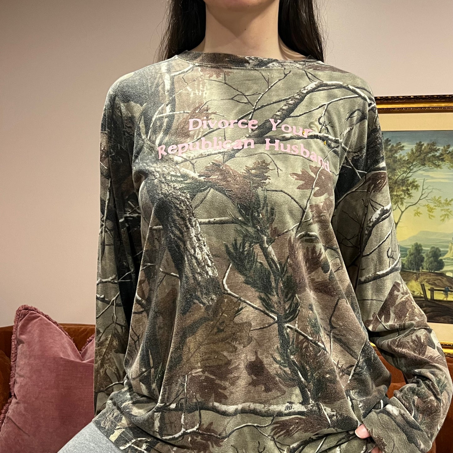 DIVORCE YOUR REPUBLICAN HUSBAND camo long sleeve t-shirt with pink text (XL)