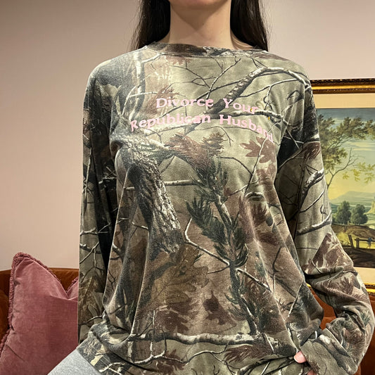 DIVORCE YOUR REPUBLICAN HUSBAND camo long sleeve t-shirt with pink text (XL)