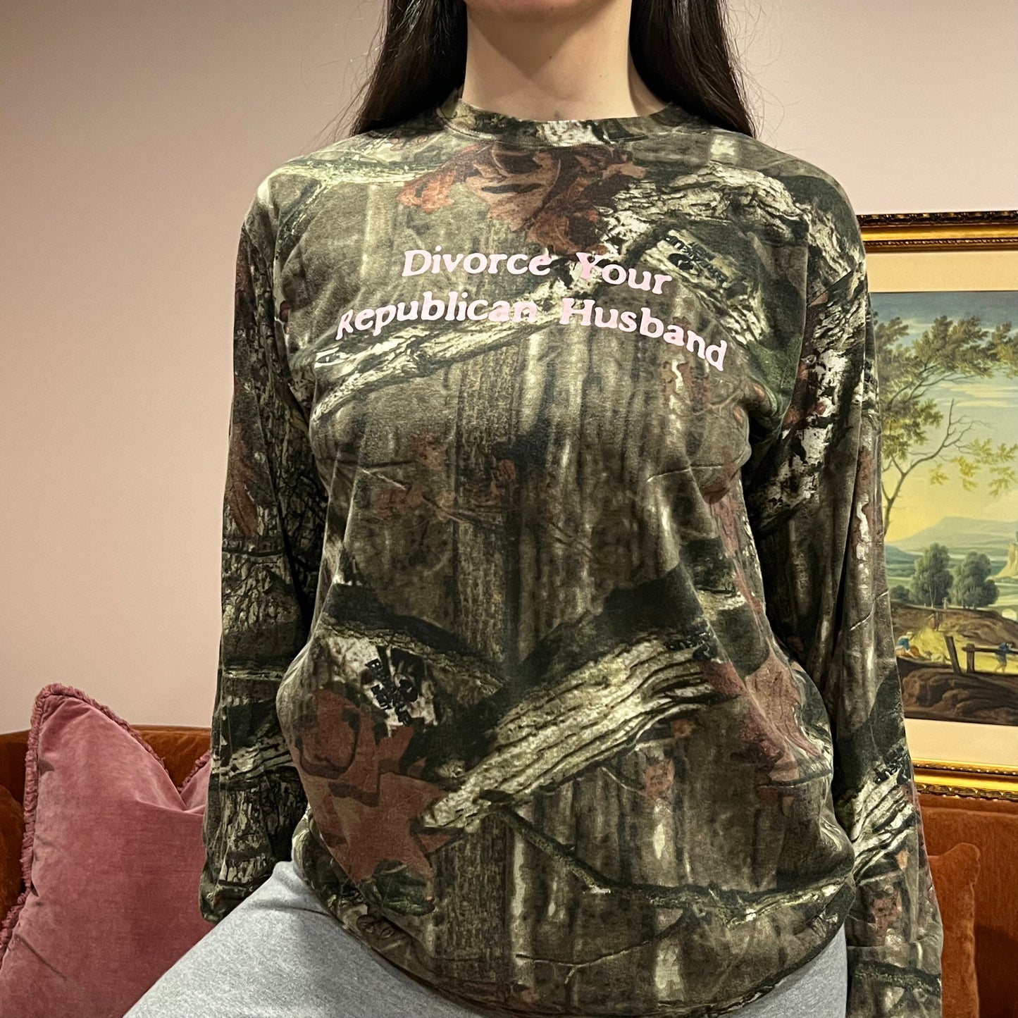 DIVORCE YOUR REPUBLICAN HUSBAND camo long sleeve t-shirt with pink text (M)