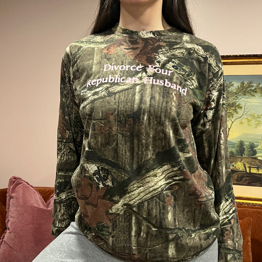 DIVORCE YOUR REPUBLICAN HUSBAND camo long sleeve t-shirt with pink text (M)