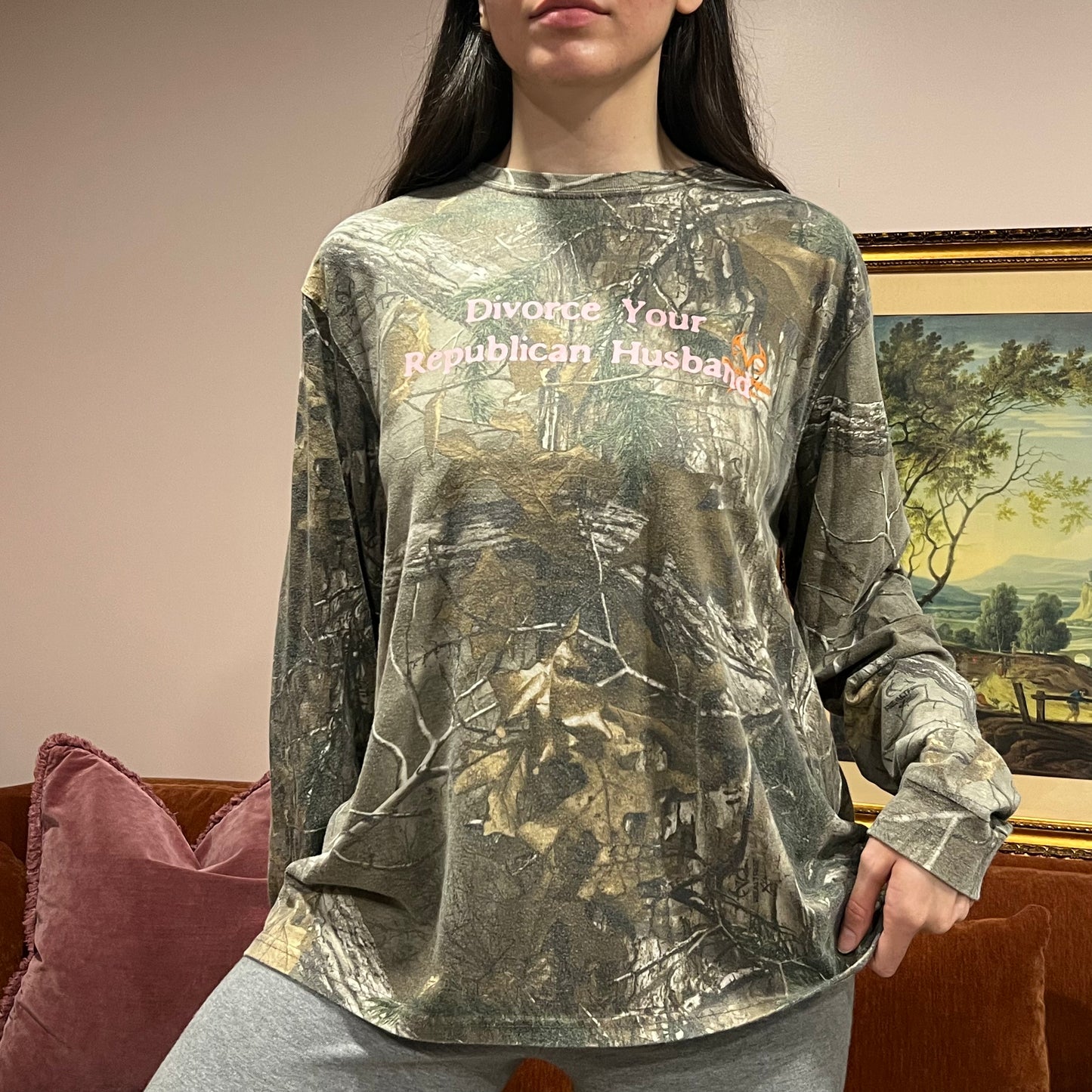 DIVORCE YOUR REPUBLICAN HUSBAND camo long sleeve t-shirt with pink text (XL)