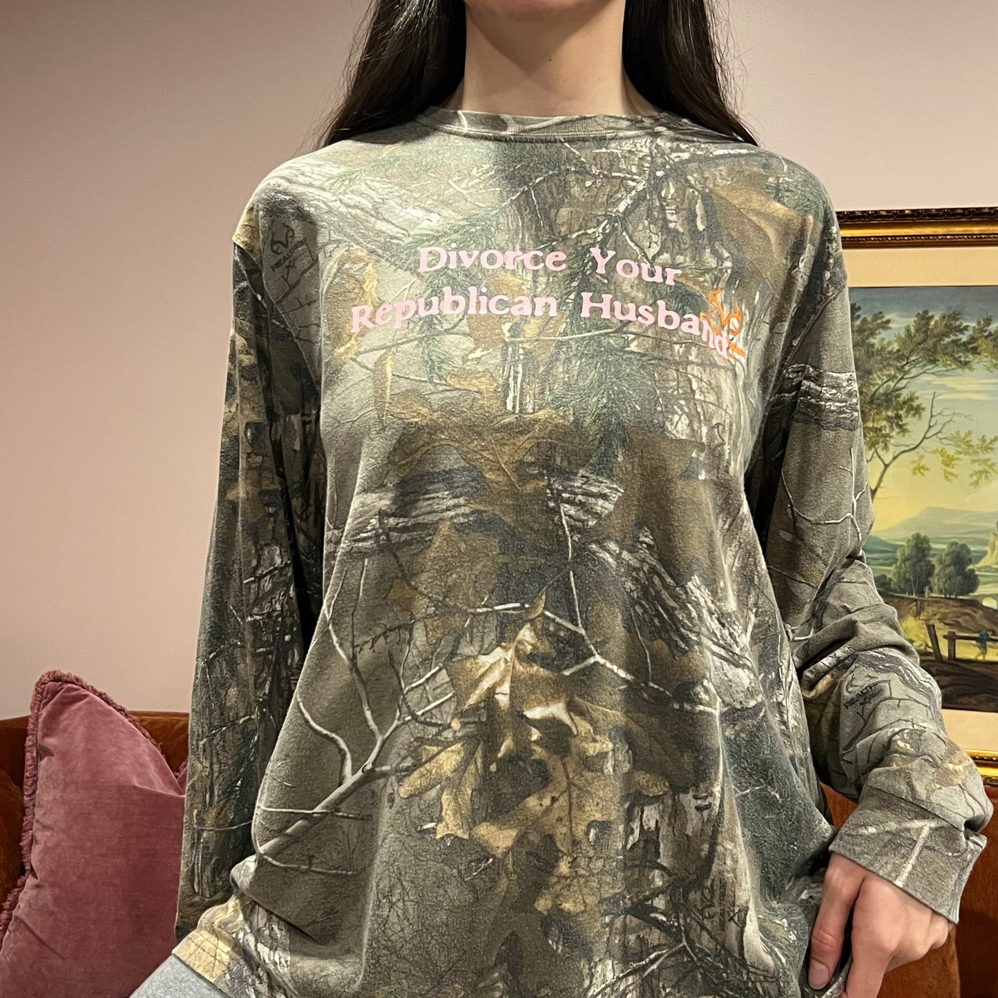 DIVORCE YOUR REPUBLICAN HUSBAND camo long sleeve t-shirt with pink text (XL)