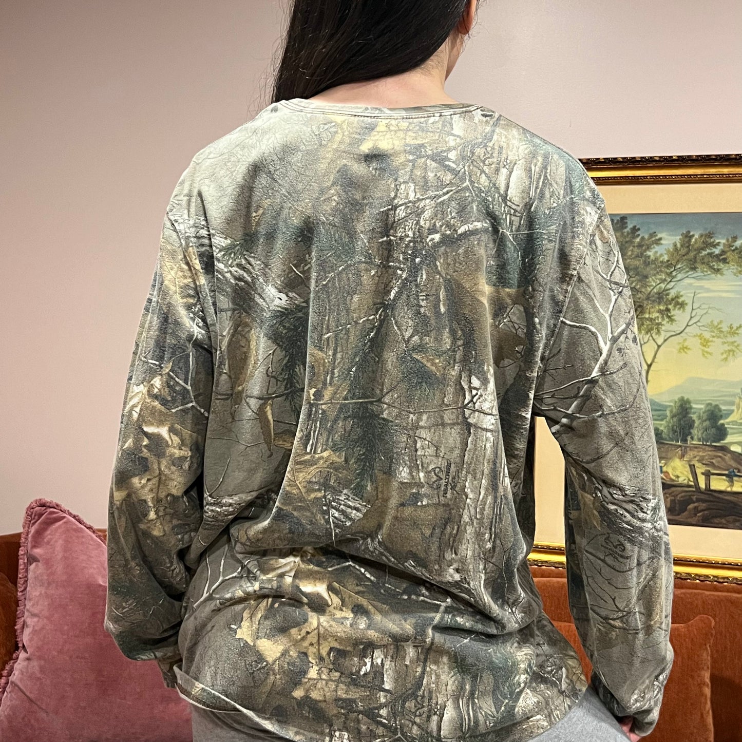 DIVORCE YOUR REPUBLICAN HUSBAND camo long sleeve t-shirt with pink text (XL)