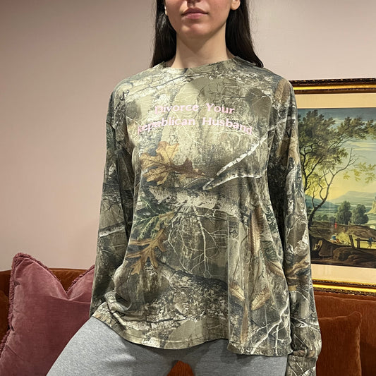 DIVORCE YOUR REPUBLICAN HUSBAND camo long sleeve t-shirt with pink text (XL)