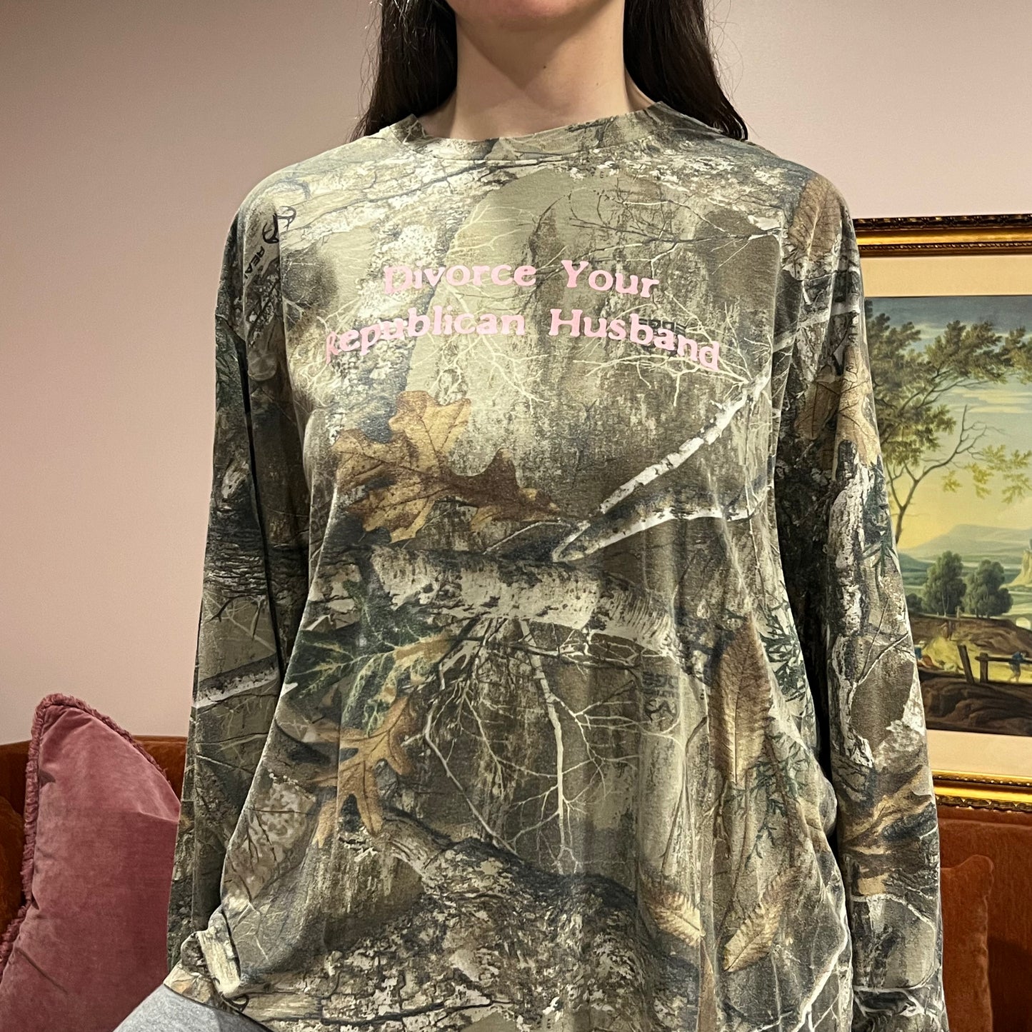 DIVORCE YOUR REPUBLICAN HUSBAND camo long sleeve t-shirt with pink text (XL)