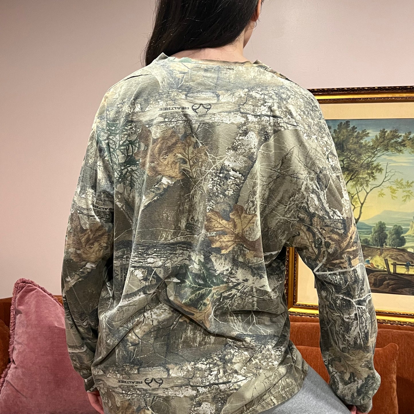 DIVORCE YOUR REPUBLICAN HUSBAND camo long sleeve t-shirt with pink text (XL)