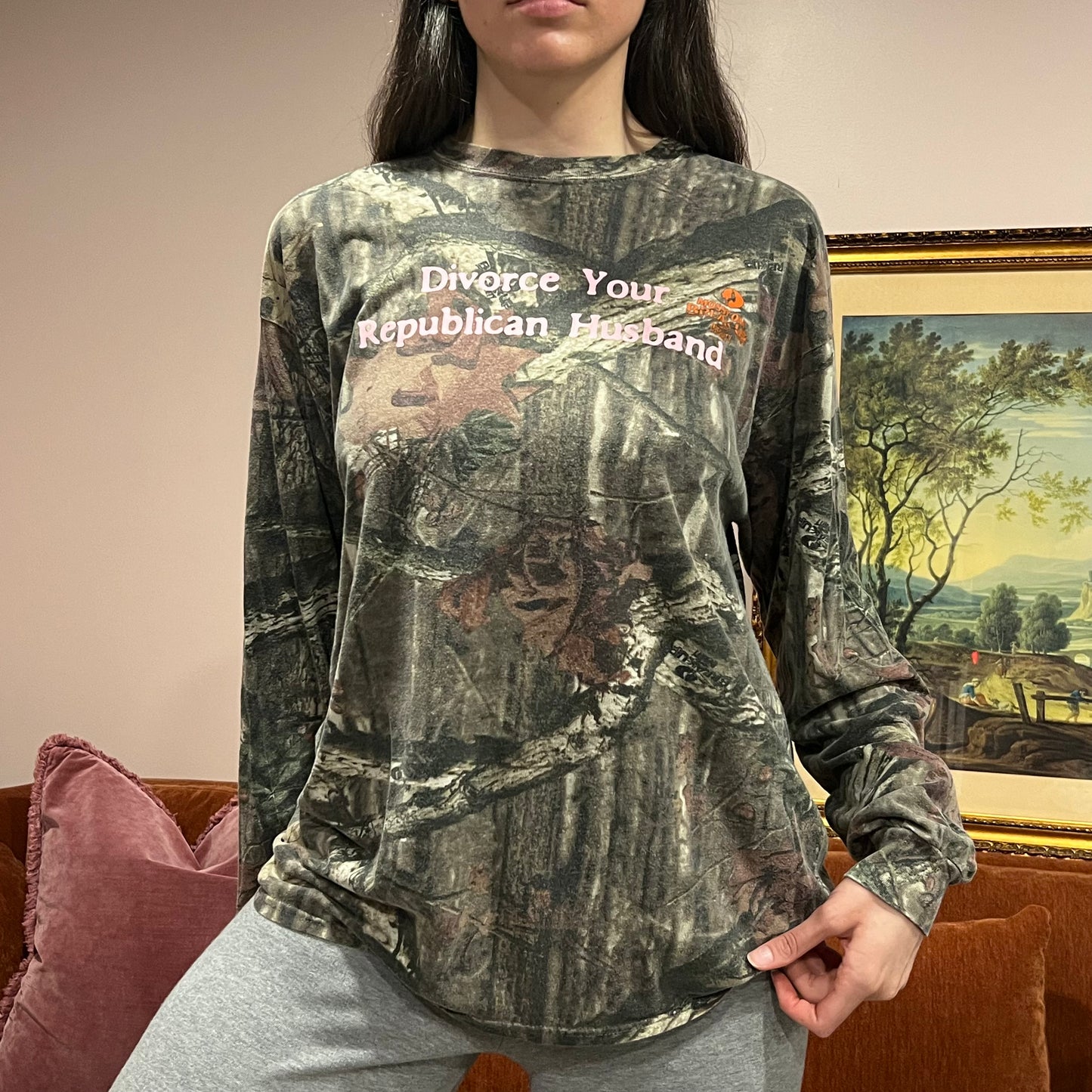 DIVORCE YOUR REPUBLICAN HUSBAND camo long sleeve t-shirt with pink text (XL)