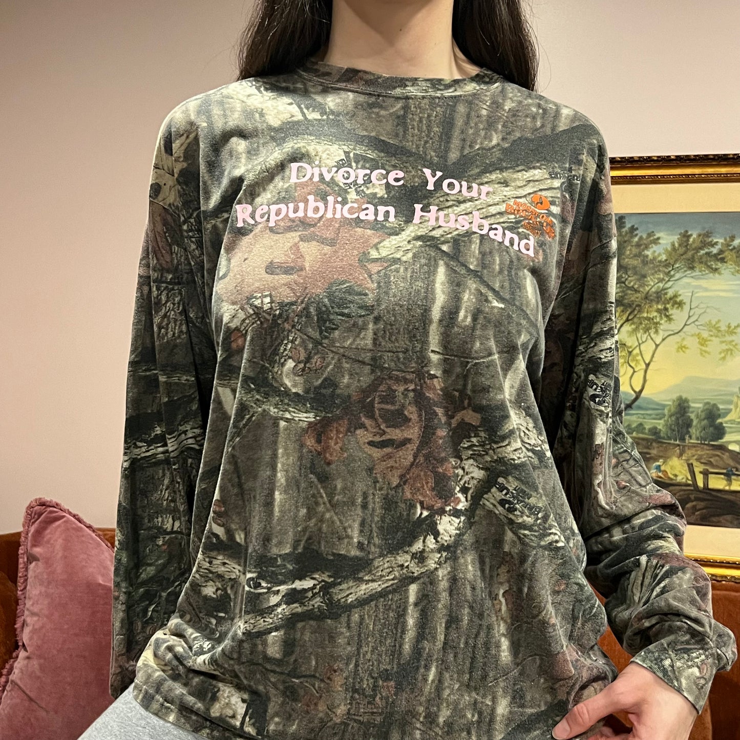 DIVORCE YOUR REPUBLICAN HUSBAND camo long sleeve t-shirt with pink text (XL)