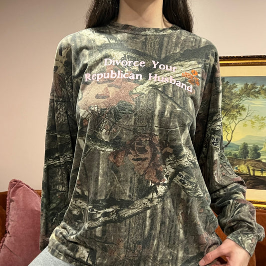 DIVORCE YOUR REPUBLICAN HUSBAND camo long sleeve t-shirt with pink text (XL)