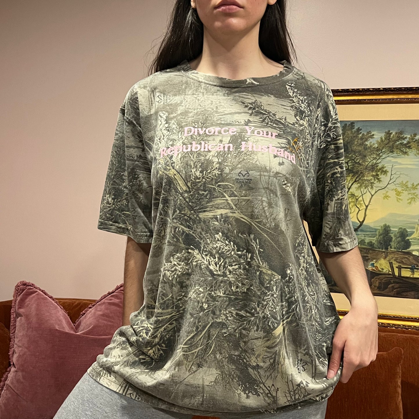 DIVORCE YOUR REPUBLICAN HUSBAND camo t-shirt with pink text (XL)