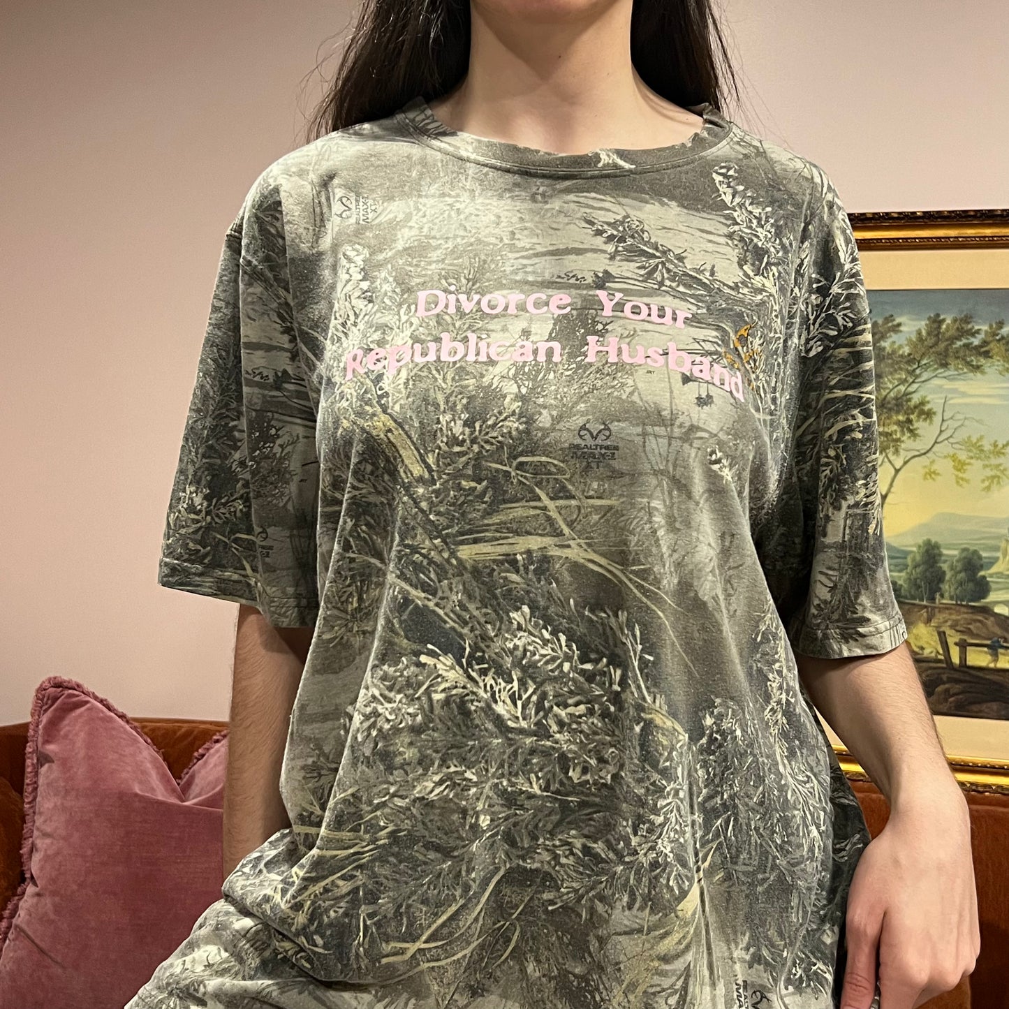 DIVORCE YOUR REPUBLICAN HUSBAND camo t-shirt with pink text (XL)