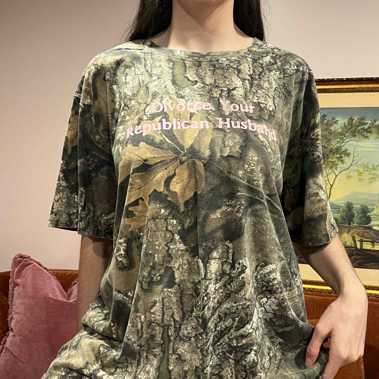 DIVORCE YOUR REPUBLICAN HUSBAND camo t-shirt with pink text (2XL)