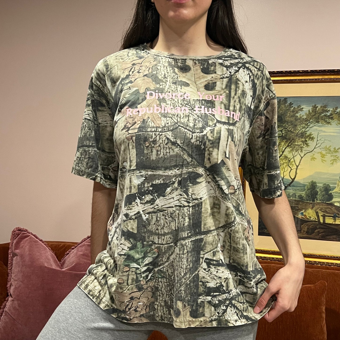 DIVORCE YOUR REPUBLICAN HUSBAND camo t-shirt with pink text (XL)