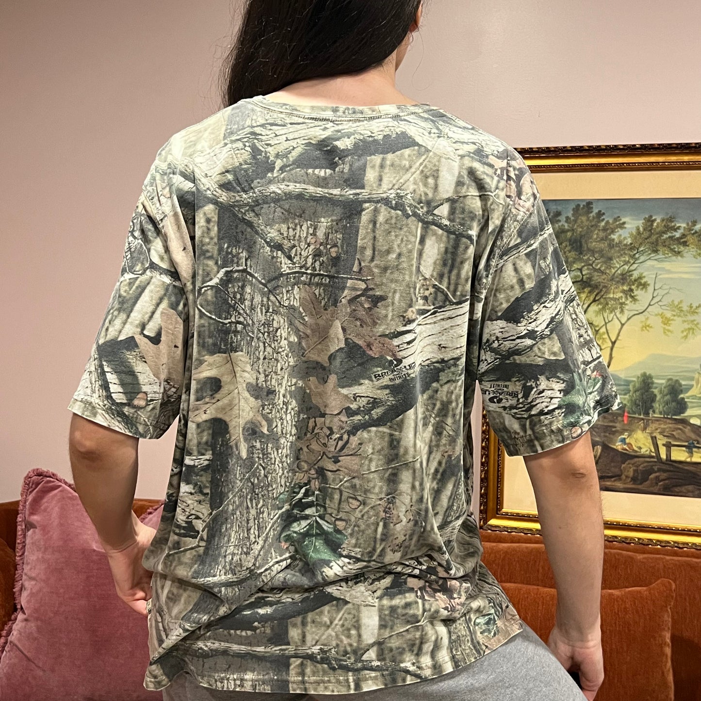 DIVORCE YOUR REPUBLICAN HUSBAND camo t-shirt with pink text (XL)