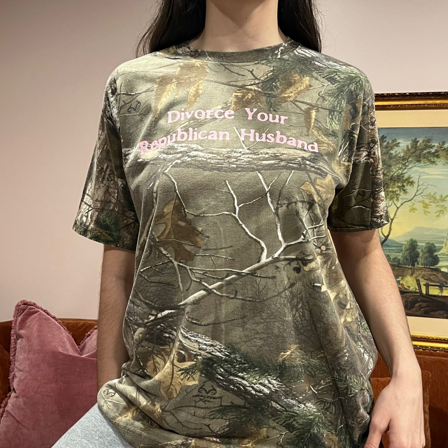 DIVORCE YOUR REPUBLICAN HUSBAND camo t-shirt with pink text (L)