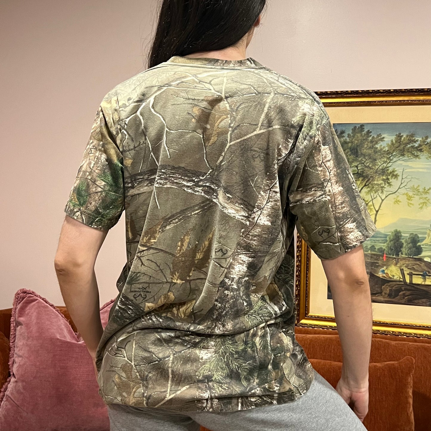 DIVORCE YOUR REPUBLICAN HUSBAND camo t-shirt with pink text (L)