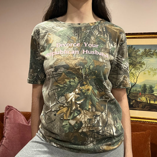 DIVORCE YOUR REPUBLICAN HUSBAND camo t-shirt with pink text (M)