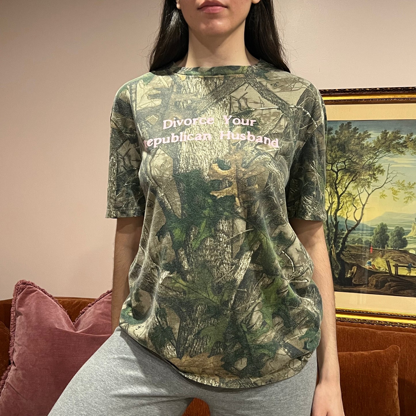 DIVORCE YOUR REPUBLICAN HUSBAND camo t-shirt with pink text (M)