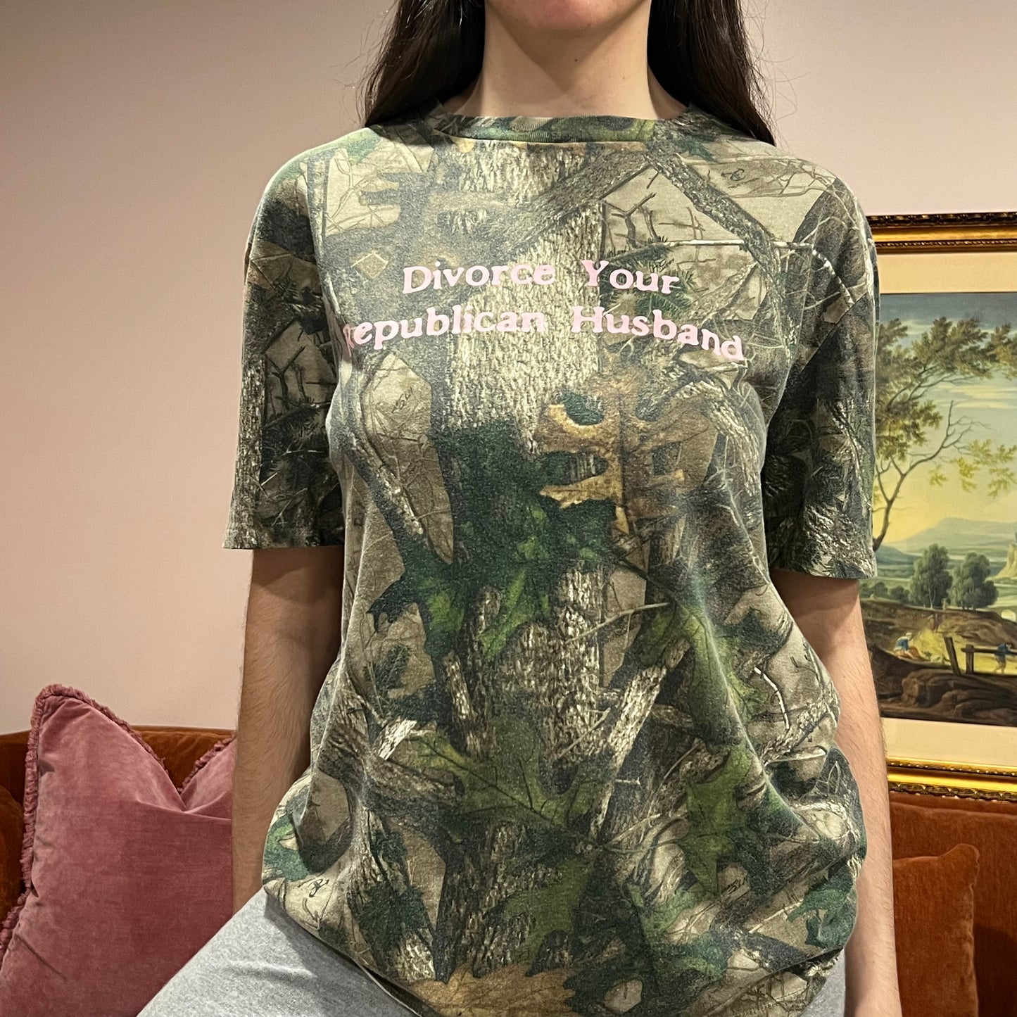 DIVORCE YOUR REPUBLICAN HUSBAND camo t-shirt with pink text (M)