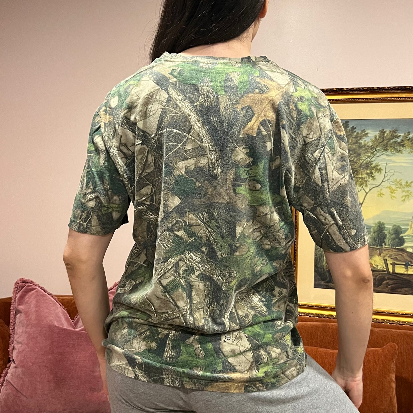 DIVORCE YOUR REPUBLICAN HUSBAND camo t-shirt with pink text (M)