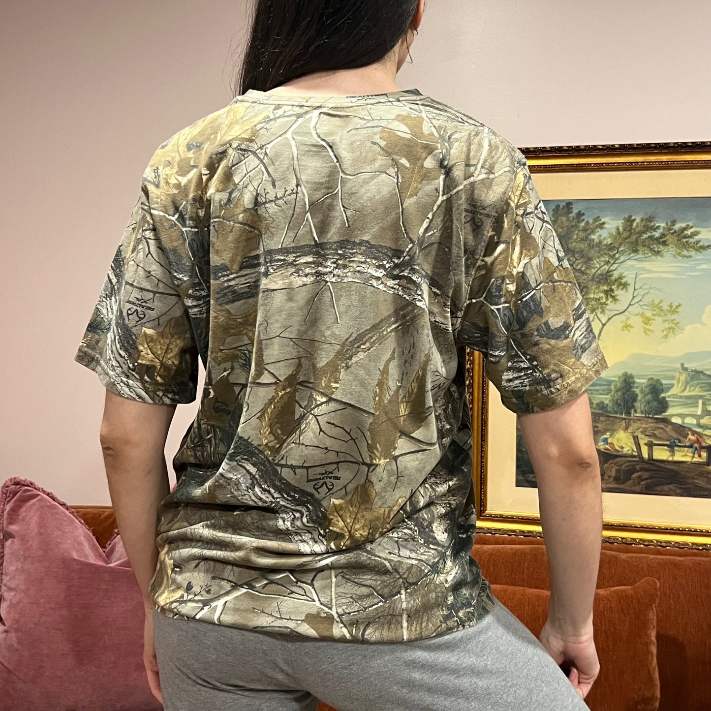 DIVORCE YOUR REPUBLICAN HUSBAND camo t-shirt with pink text (M)