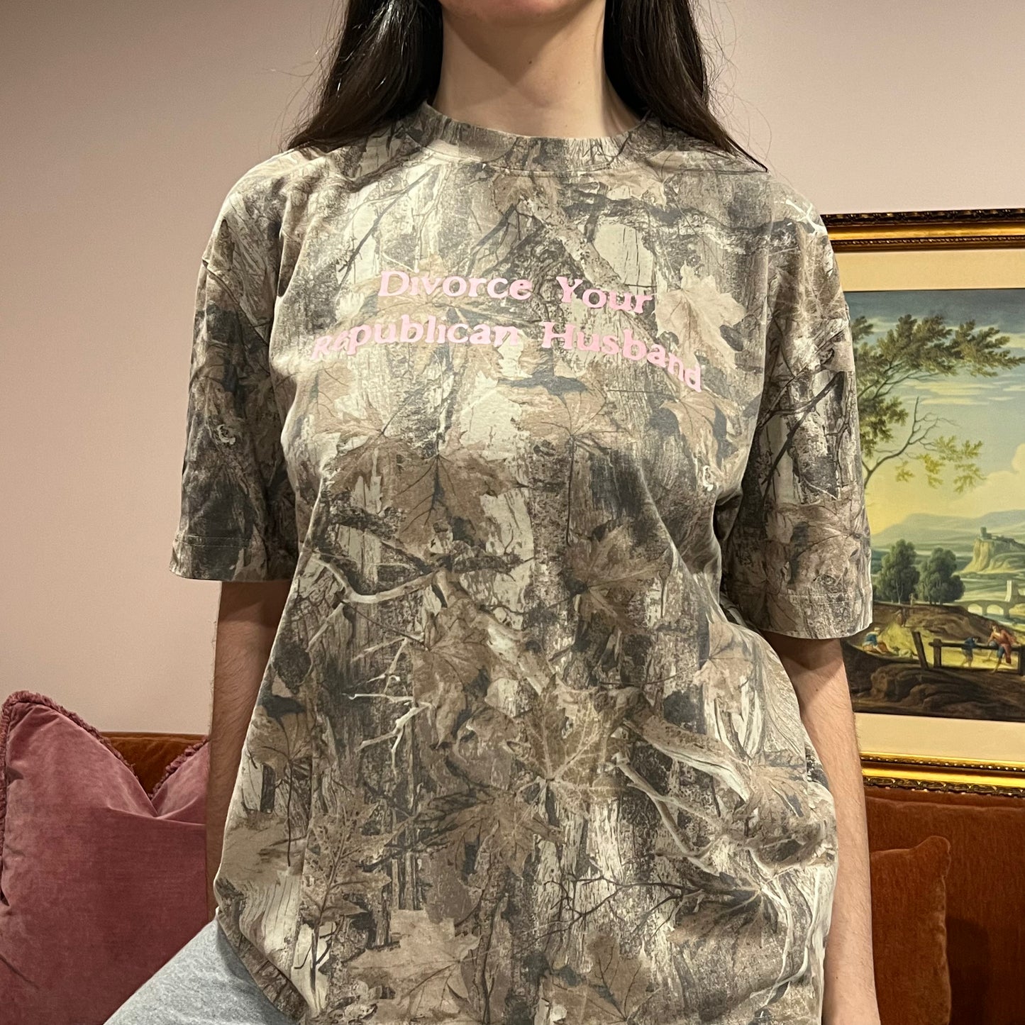 DIVORCE YOUR REPUBLICAN HUSBAND camo t-shirt with pink text (M)