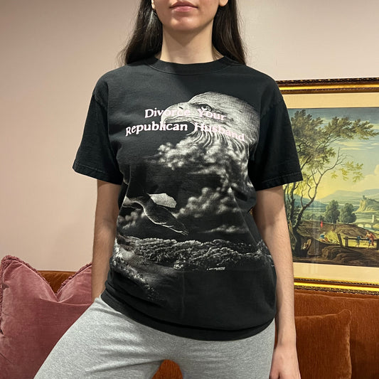 DIVORCE YOUR REPUBLICAN HUSBAND eagle t-shirt with pink text (M)