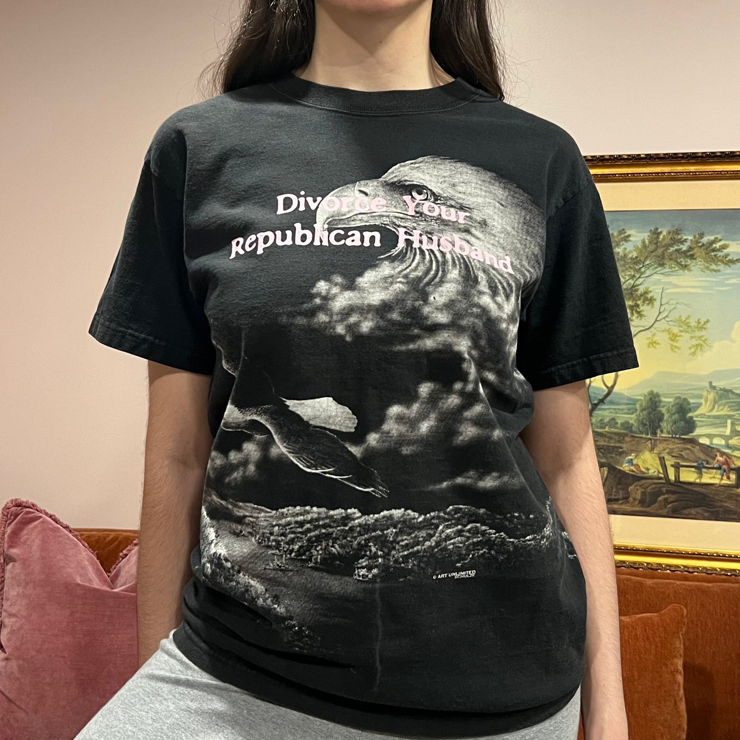 DIVORCE YOUR REPUBLICAN HUSBAND eagle t-shirt with pink text (M)