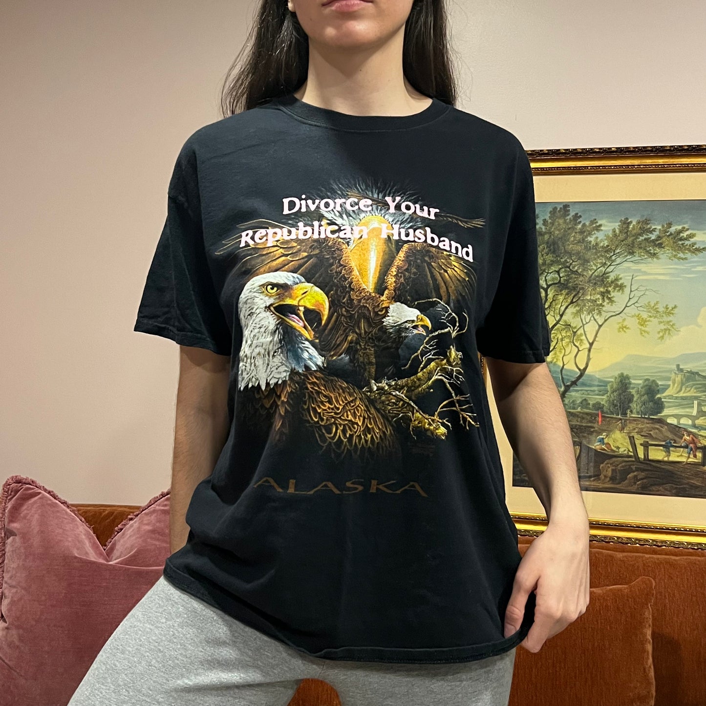 DIVORCE YOUR REPUBLICAN HUSBAND eagle t-shirt with pink text (XL)