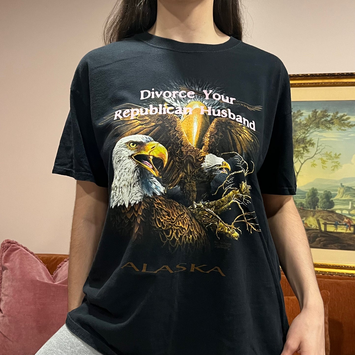 DIVORCE YOUR REPUBLICAN HUSBAND eagle t-shirt with pink text (XL)