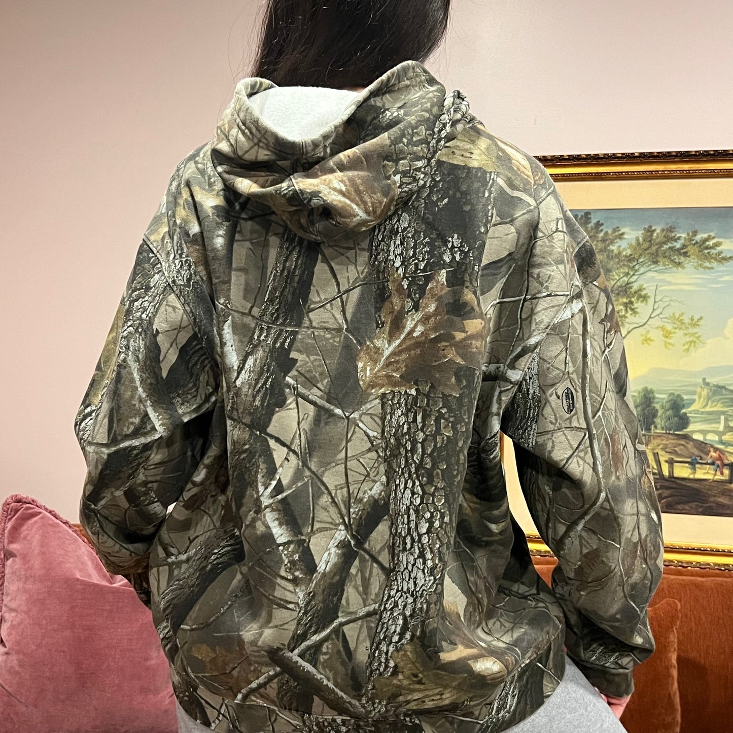 DIVORCE YOUR REPUBLICAN HUSBAND camo hoodie with pink text (XL)