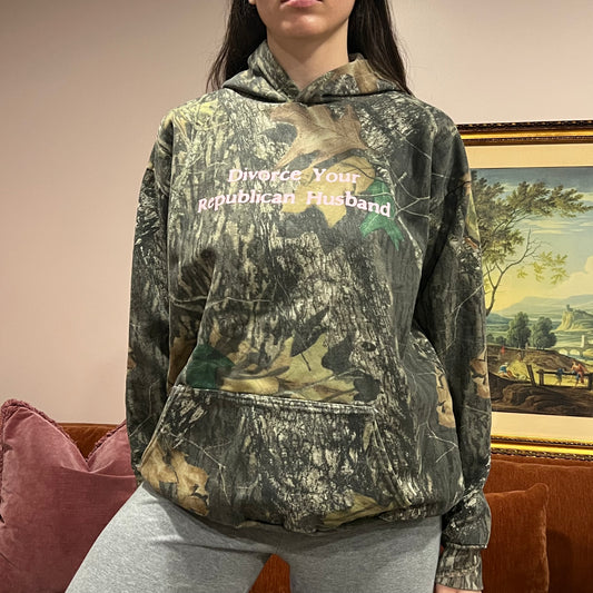 DIVORCE YOUR REPUBLICAN HUSBAND camo hoodie with pink text (L)