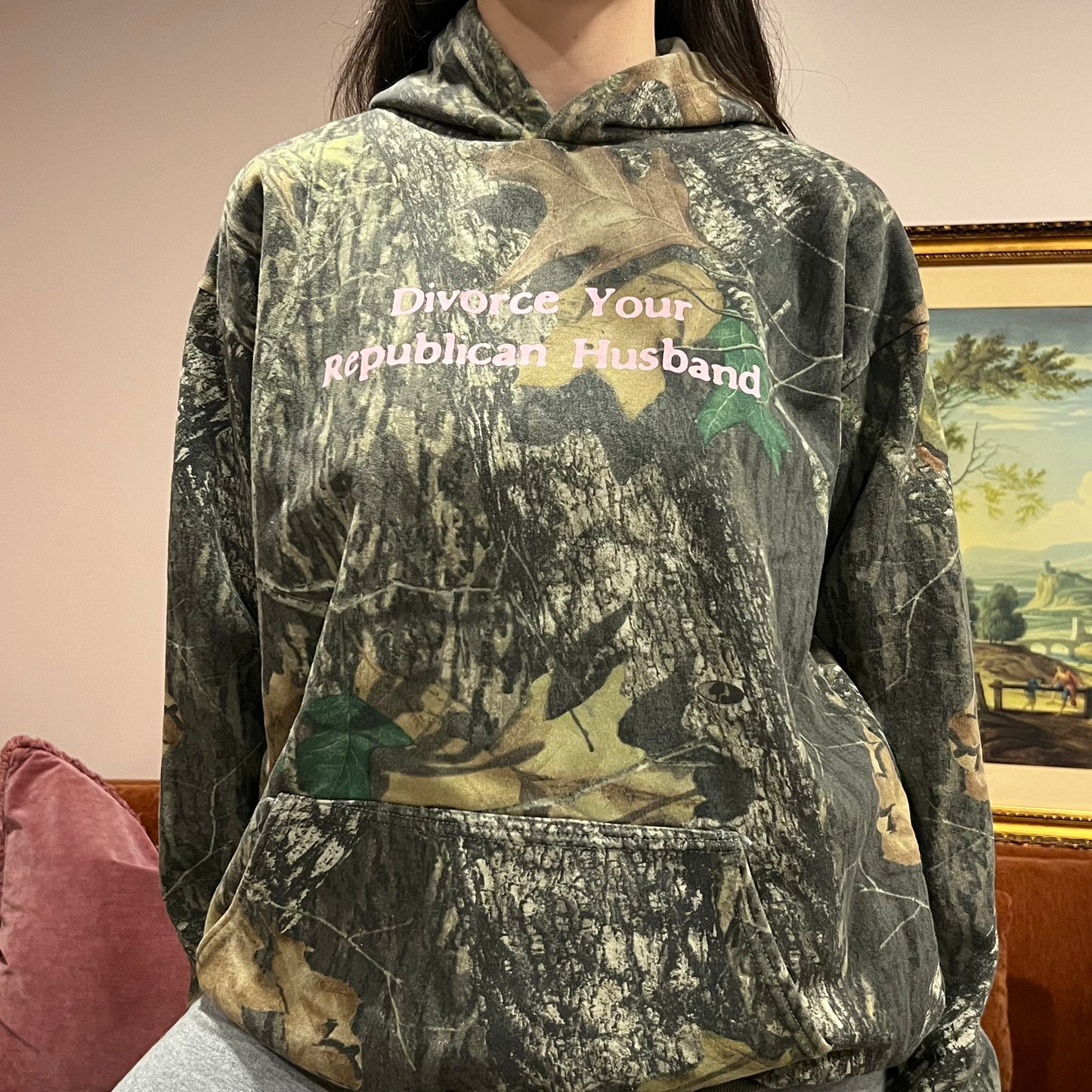 DIVORCE YOUR REPUBLICAN HUSBAND camo hoodie with pink text (L)
