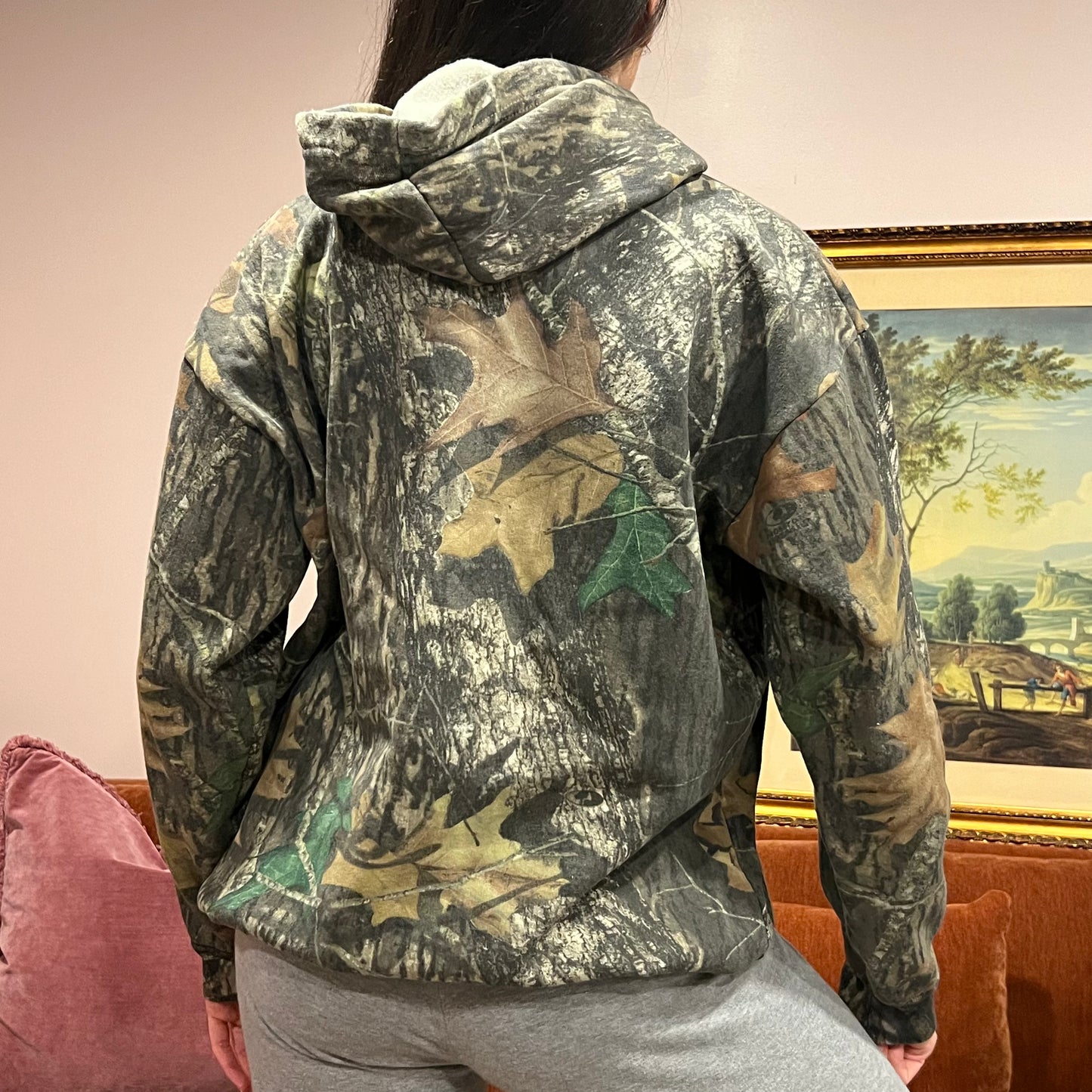 DIVORCE YOUR REPUBLICAN HUSBAND camo hoodie with pink text (L)